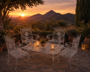 Salon de Jardin Antik avec Table Basse Fumée et 4 Fauteuils Blanc Antique