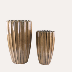 Set of 2 Caramel Striped Terracotta Vases D41 H66