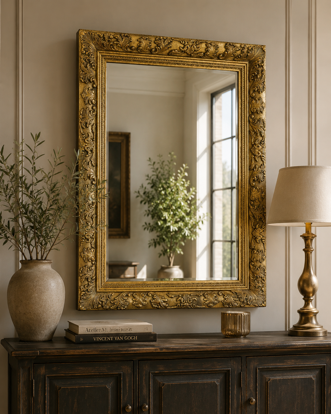 Miroir mural avec cadre en bois doré 90x120 cm