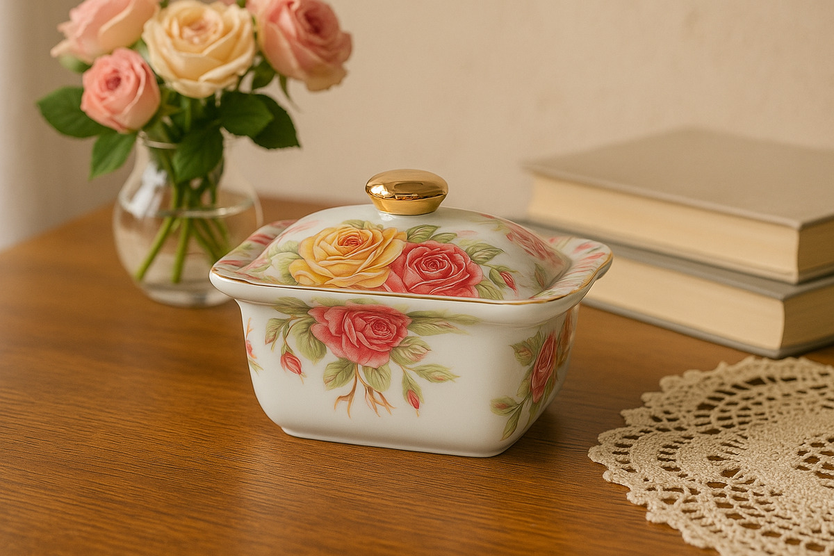 Porcelain Box with Roses and Golden Lid