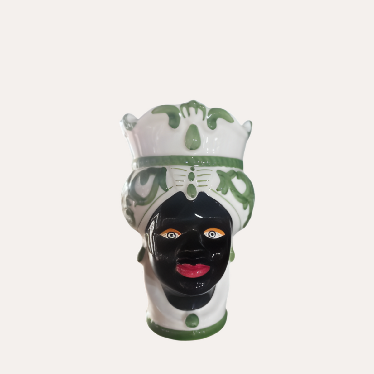 Frauenkopfvase aus kleiner grüner Keramik H. 20 cm Ø14