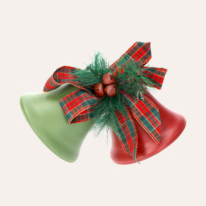 Pair of Red and Green Bells with Scottish Bow – Elegant Christmas Decorations