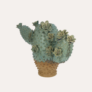 Cactus vase in green ceramic with floral details H.26×34×15.5 cm