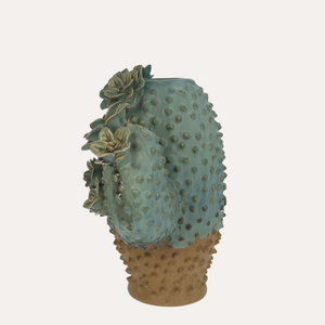 Cactus vase in green ceramic with floral details H.26×34×15.5 cm