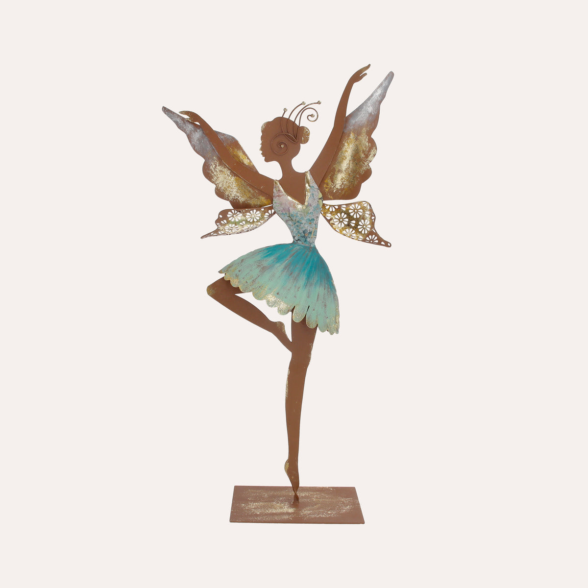 Hada danzante azul en hierro corten marrón óxido (60x32x10 cm)