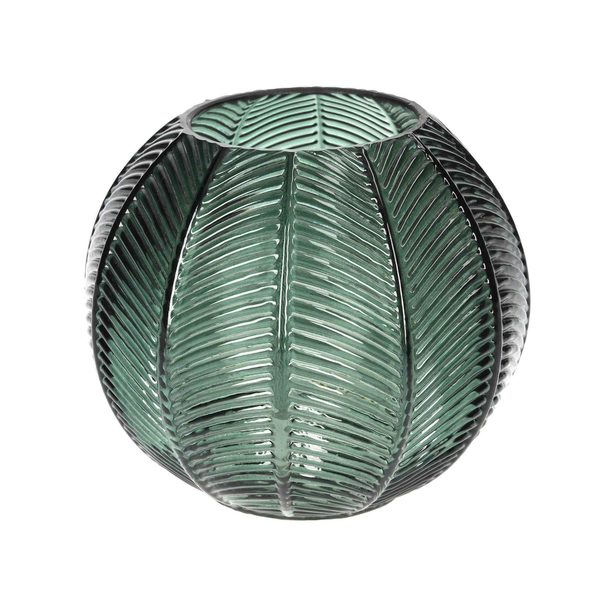 Vaso Tondo in Vetro Verde con Decoro Foglia – Arredo Casa Moderno ed Elegante